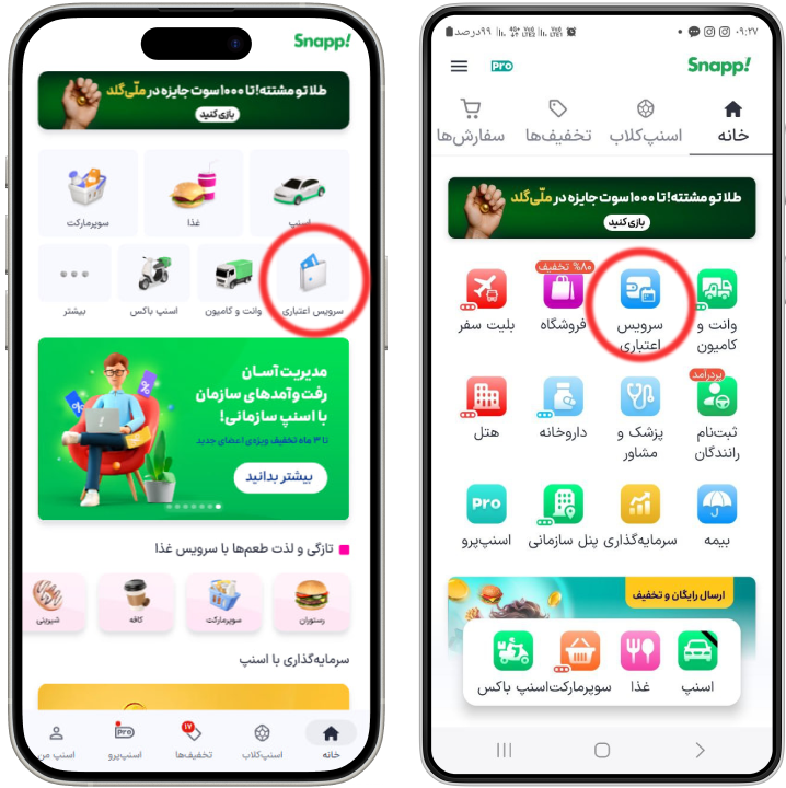 گزینه سرویس اعتباری در نسخه های مختلف اسنپ
